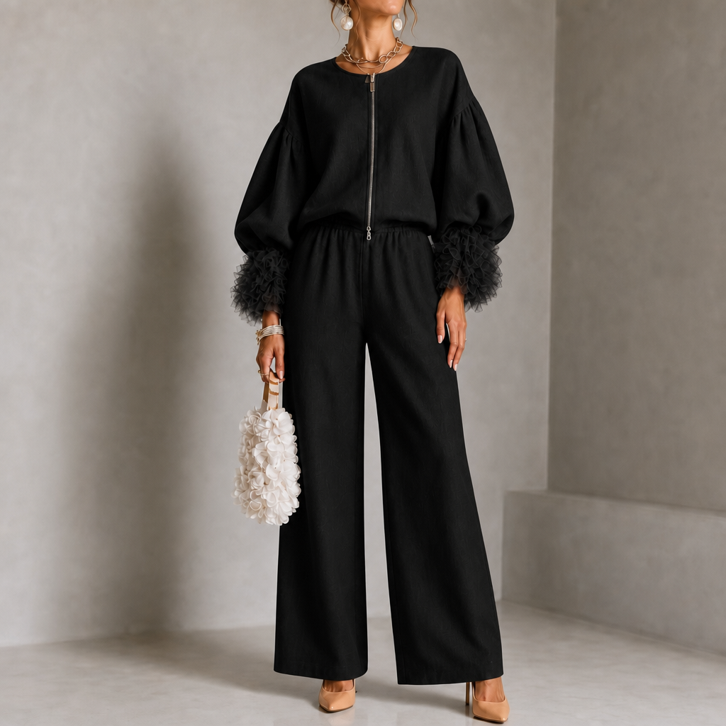Wearlyn – Tulle-Cuff Balloon Sleeve Top And Pants Set