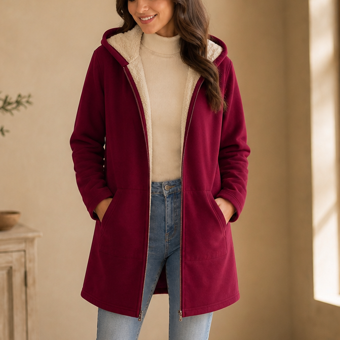 Cozelle – Fleece-Lined Look Hooded Mid-Length Jacket