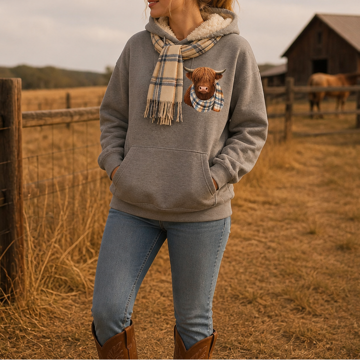 Highland Hearth – Fleece-Lined Highland Cow Graphic Hoodie