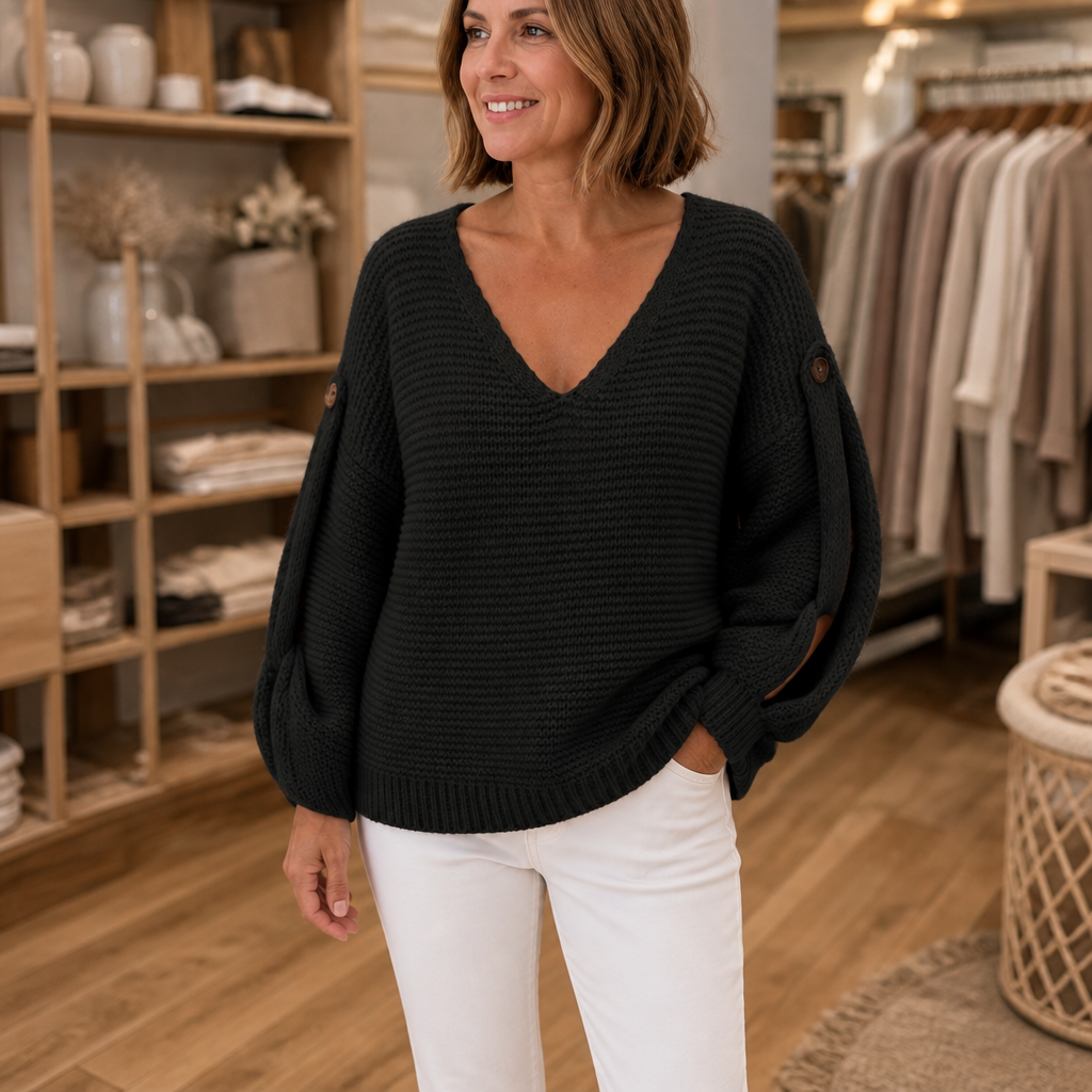 Strapline – Buttoned Strap Deep-V Sweater