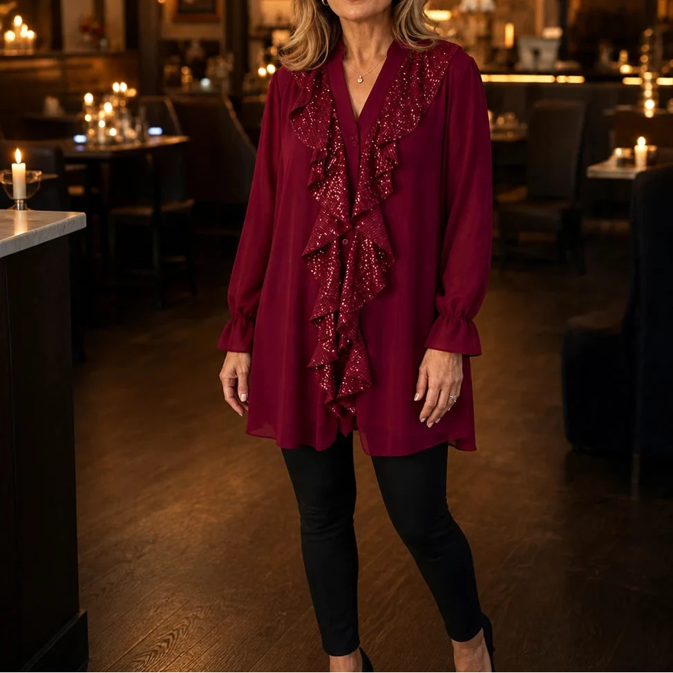 Vellora – Sequin Ruffle V-Neck Blouse