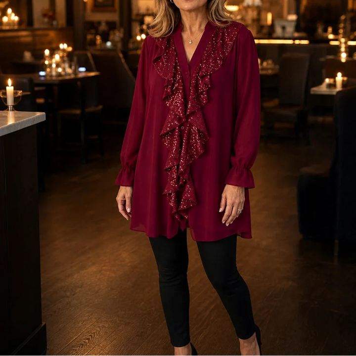 Vellora – Sequin Ruffle V-Neck Blouse