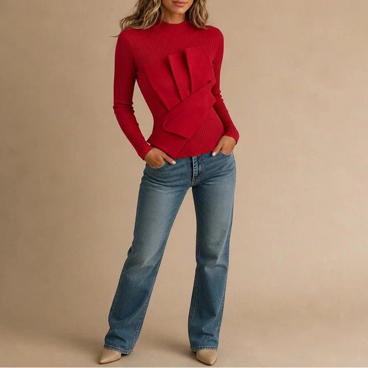 Pleatelle – Pleated Mock-Neck Ribbed Top