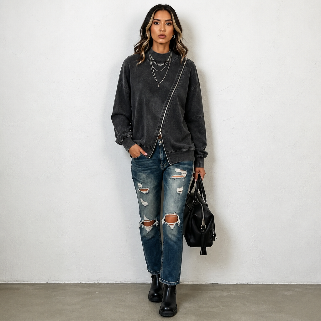 Slantwick – Diagonal Zip Drop-Shoulder Sweatshirt Jacket