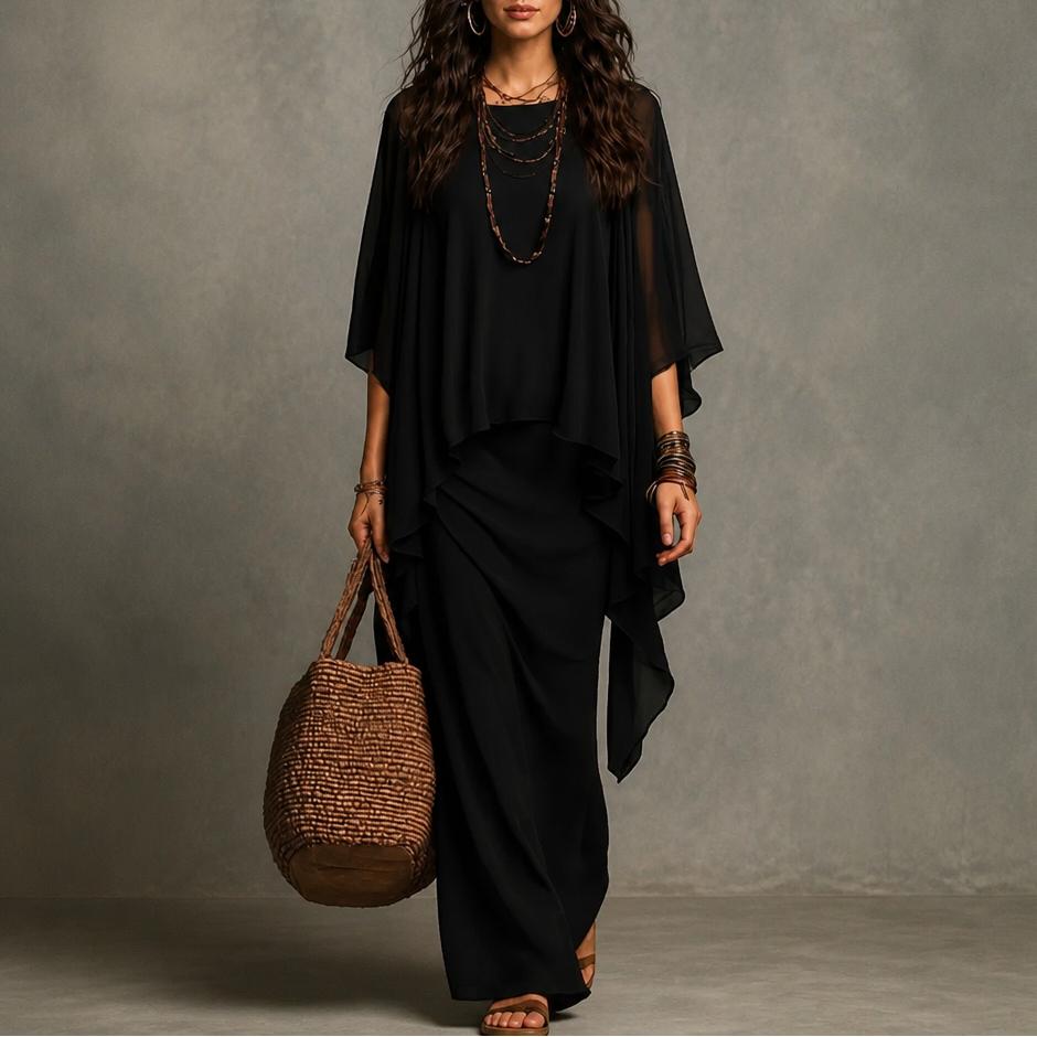 Draperie – Cape Sleeve Asymmetric Hem Maxi Dress