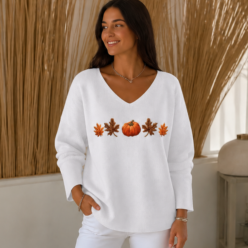 Pumpkin Lane – Pumpkin Print V-Neck Long-Sleeved Shirt