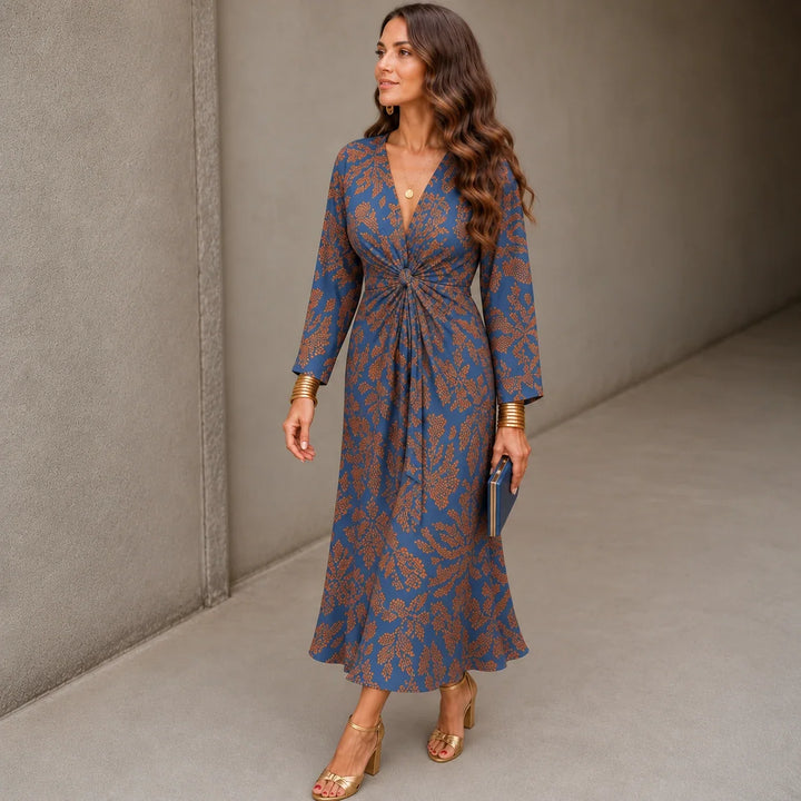 Isabella – V-Neck Fitted-Waist Printed Midi Dress