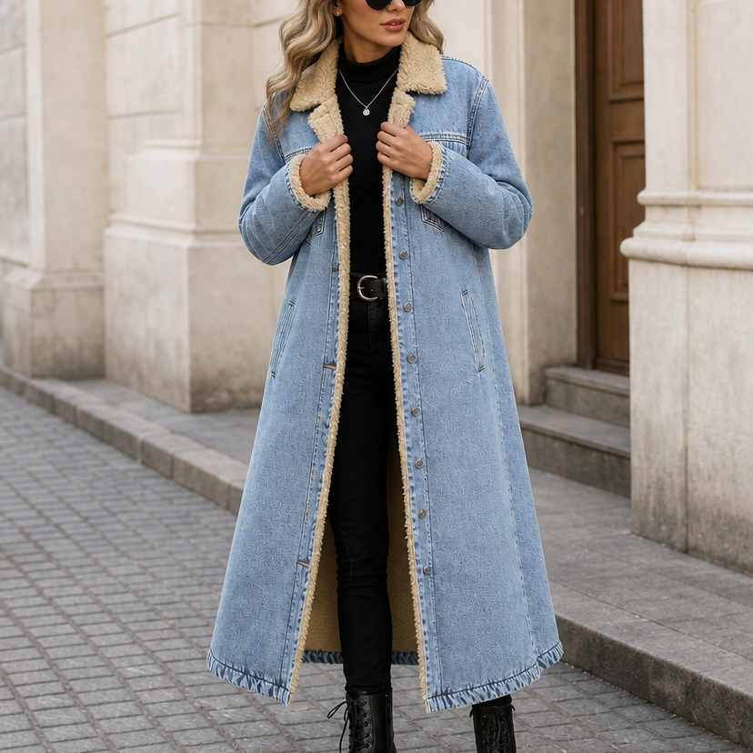 Denora – Sherpa-Lined Full-Length Denim Coat