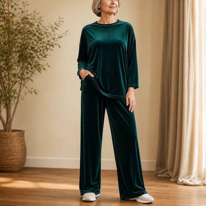 Veloura – Velvet-Look Long-Sleeve Top And Wide-Leg Pants Set