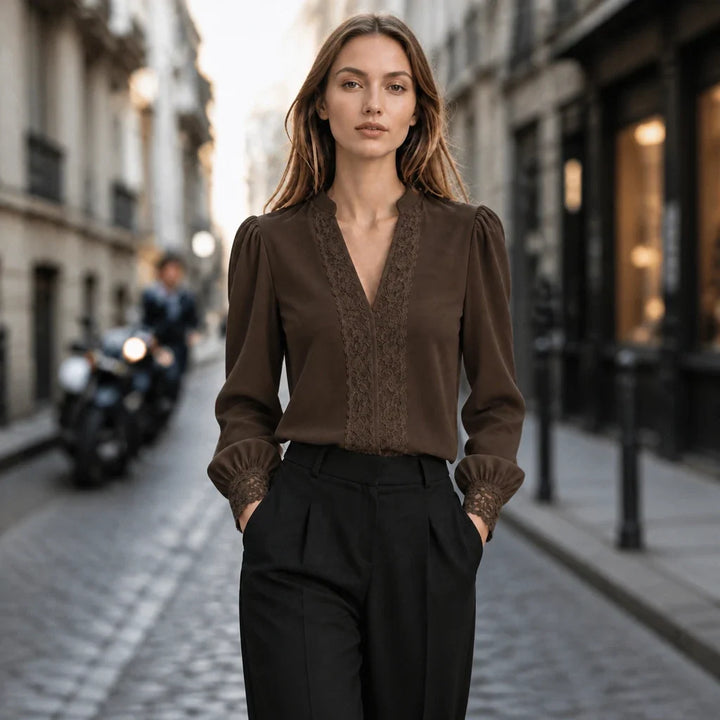Lacevera – Lace-Trimmed V-Neck Chiffon Blouse