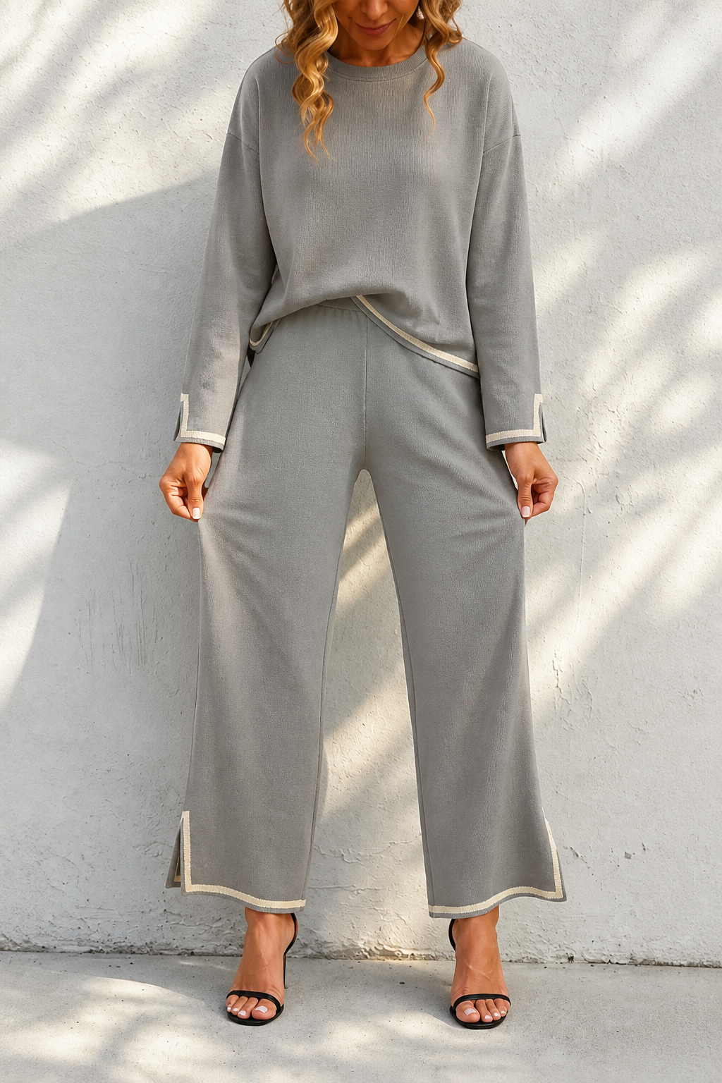 Setwell – Contrast-Trim Crewneck Top And Wide-Leg Pants Set