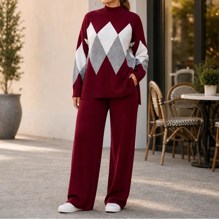 Argyle Ease – Argyle Knit Sweater And Wide-Leg Trouser Set