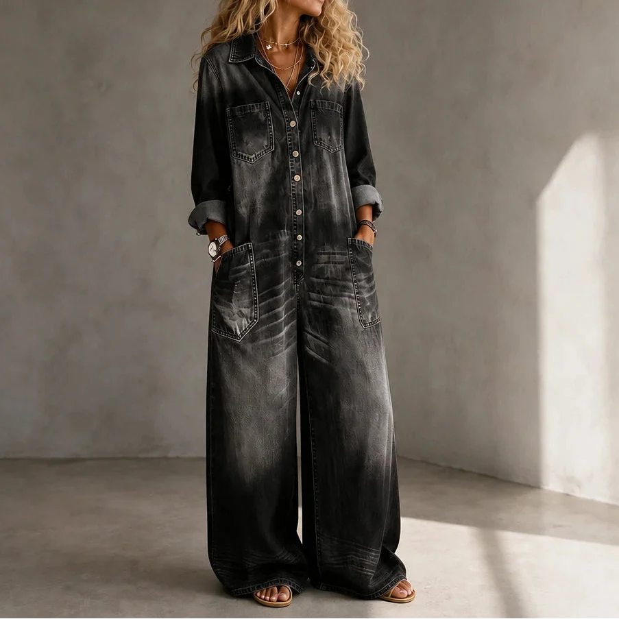 Denimbelle – Button-Front Wide-Leg Denim Jumpsuit