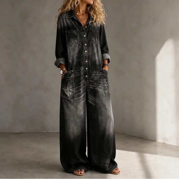 Denimbelle – Button-Front Wide-Leg Denim Jumpsuit