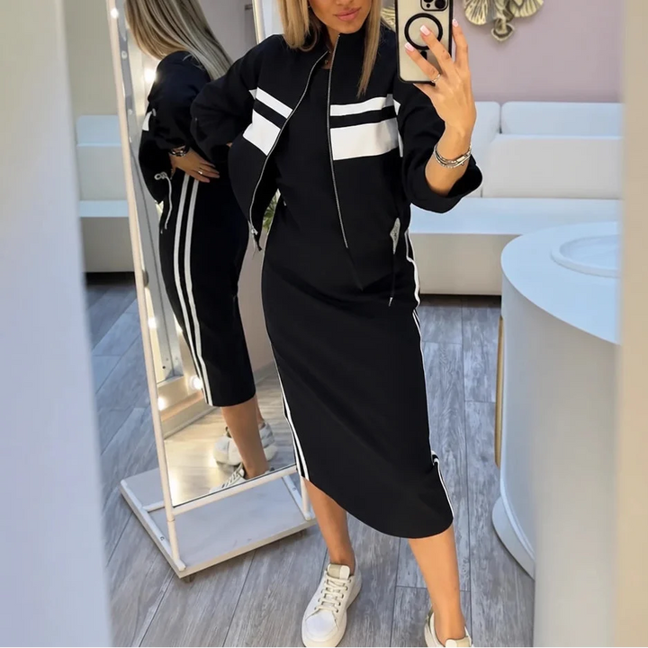 Stripe & Shape – Striped Bomber Jacket And Pencil Skirt Set