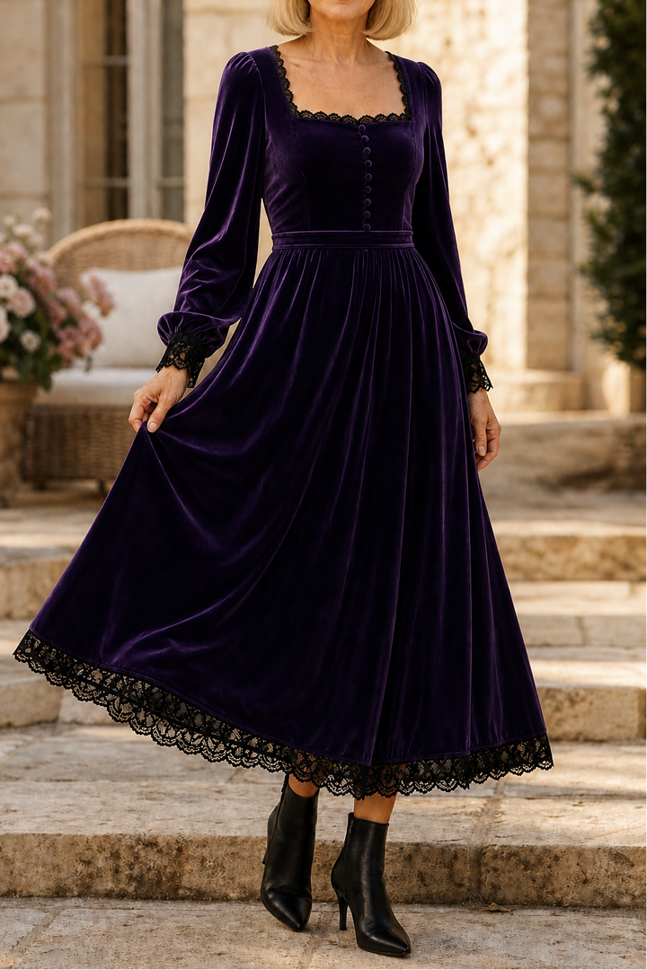 Velourette – Square Neck Fitted Waist Velvet-Look Midi Dress