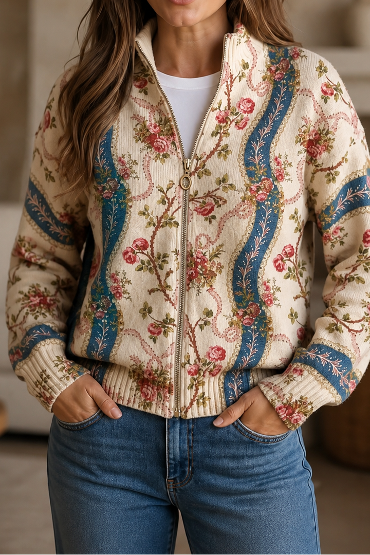 Threezip – Botanical Print Zip-Up Bomber Cardigan