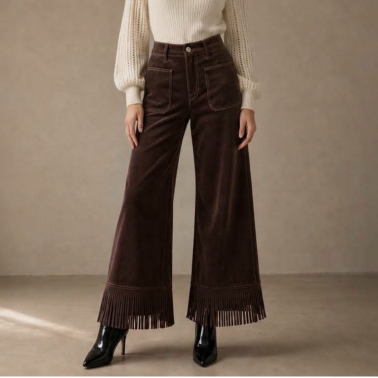 Suevera – Chic Fringe Accented Suede-Look Wide Leg Trousers