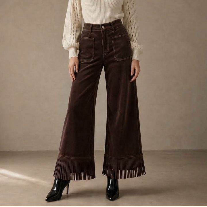Suevera – Chic Fringe Accented Suede-Look Wide Leg Trousers