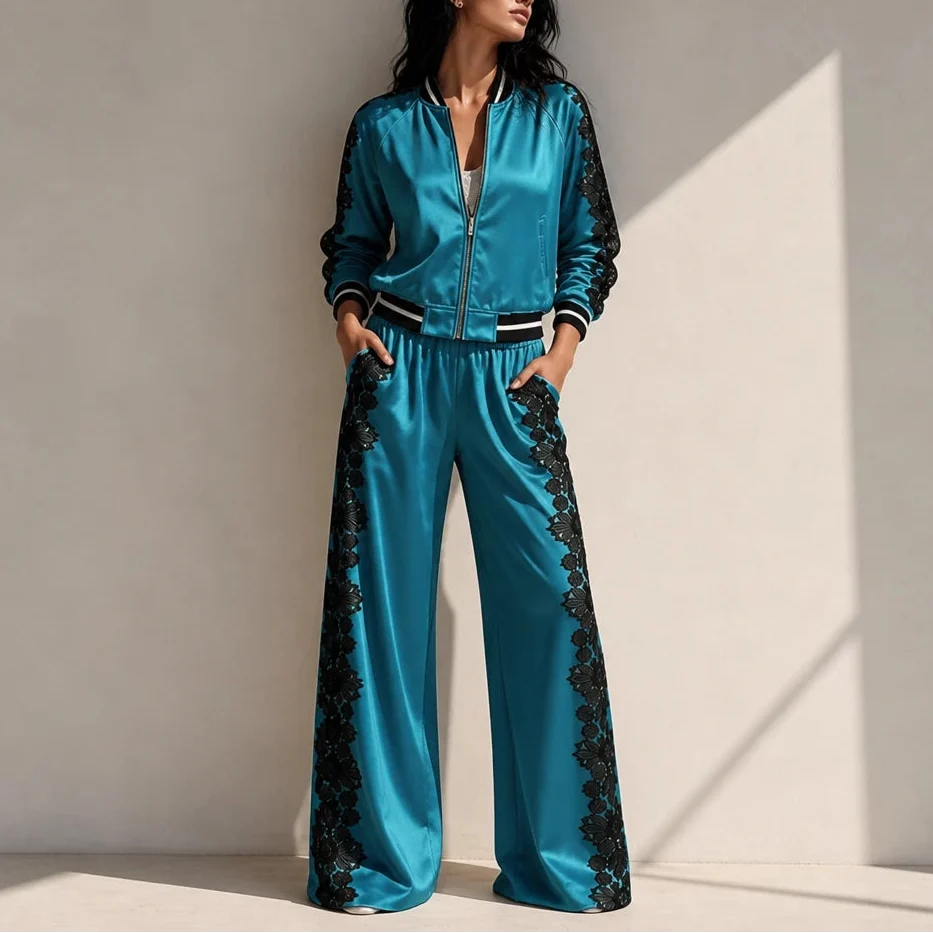 Lace & Leisure – Floral Lace Panel Track Jacket And Wide-Leg Pants Set