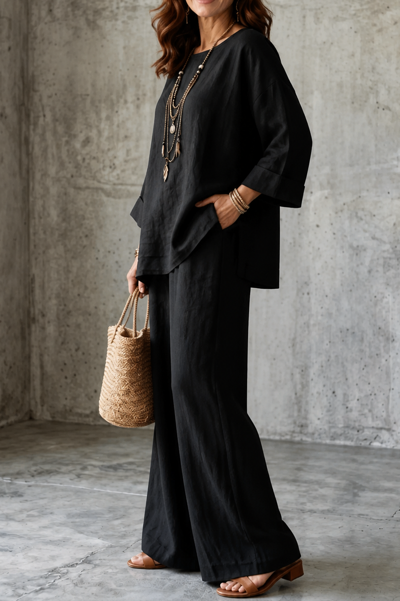 Wearlette – Linen-Look Wide-Leg Two-Piece Set