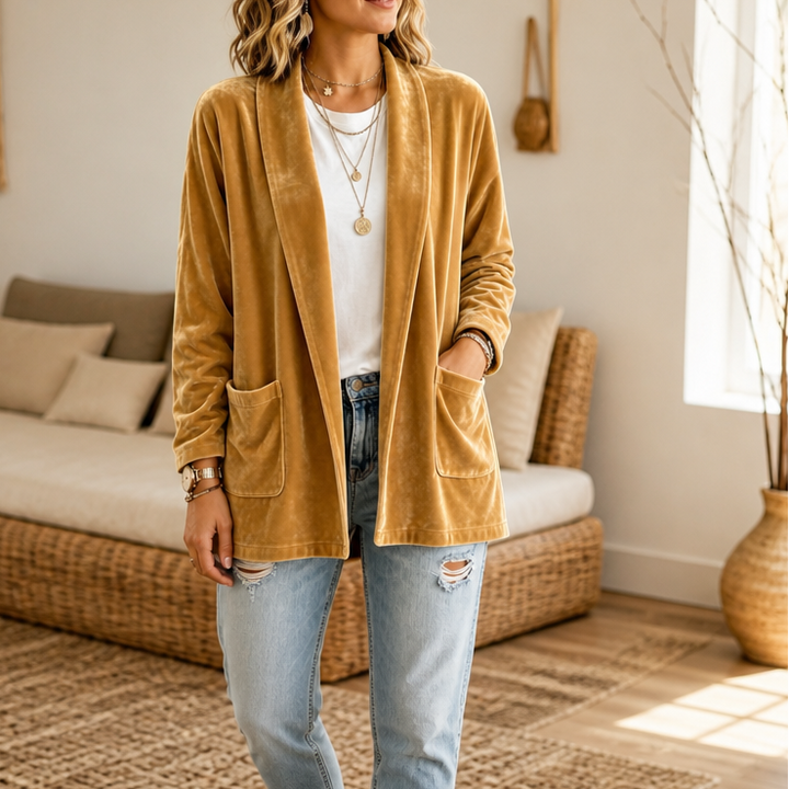 Velvetelle – Textured Velvet Shawl-Collar Open-Front Cardigan