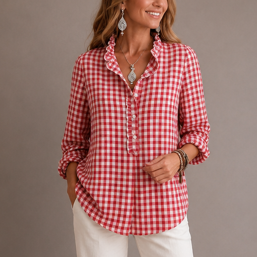 Larkspur – Ruffle Collar Gingham Placket Blouse