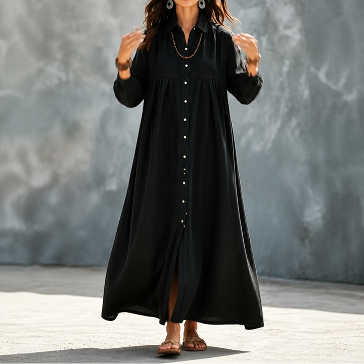 Linora – Button-Through Linen-Blend Maxi Shirt Dress