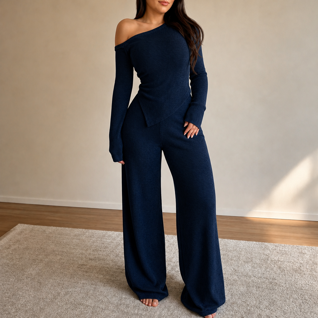 Wearbella – Off-Shoulder Ribbed Knit Top And Wide-Leg Pants Set