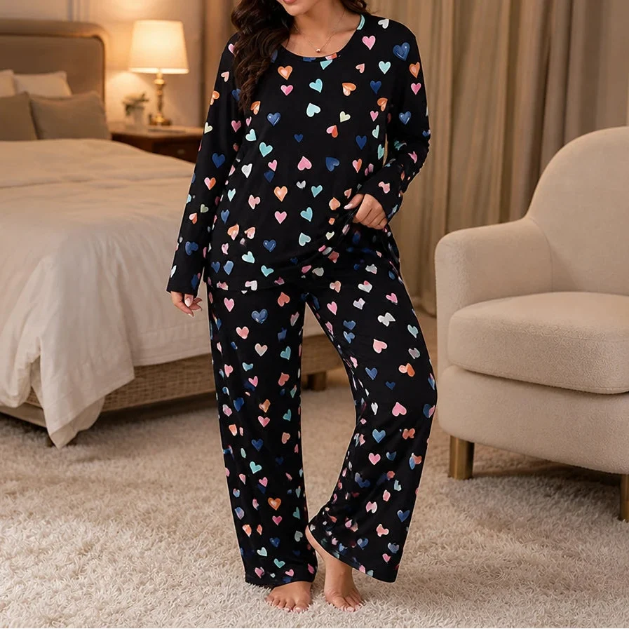 Heartrest – Long-Sleeved Heart-Print Pajama Set