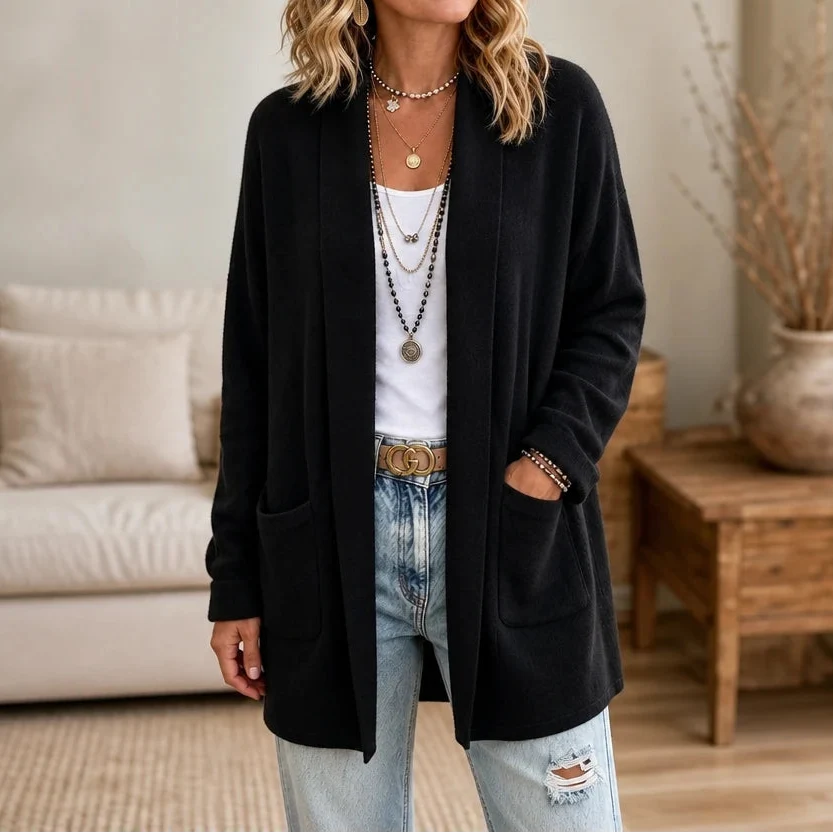 Cozyelle – Shawl-Collar Knit Open-Front Cardigan