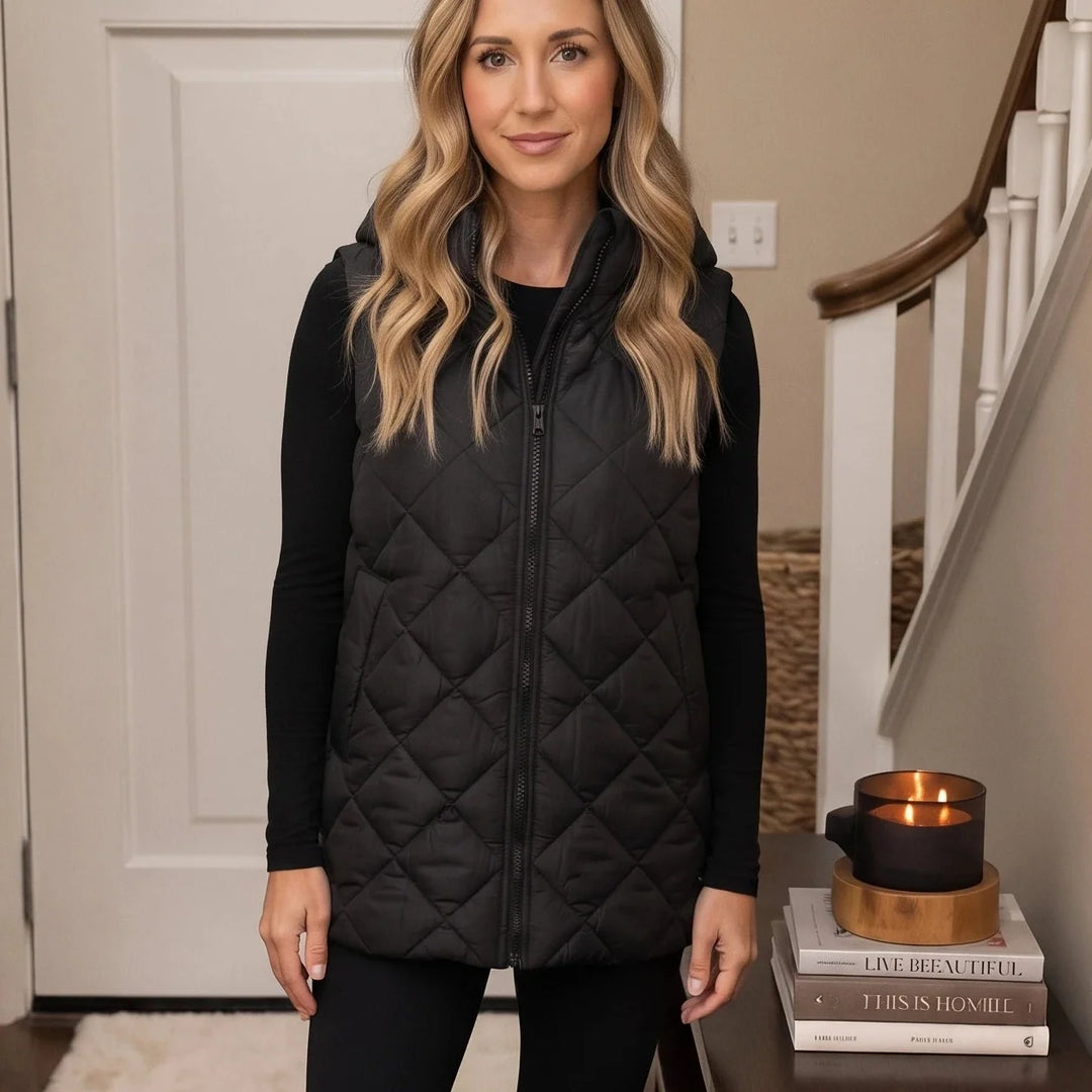Quilted Muse – Quilted Hooded Mid-Length Vest
