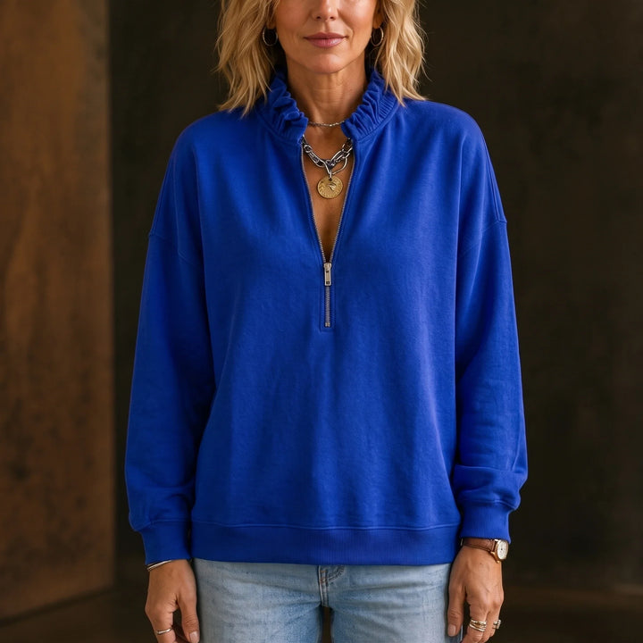 Ruffle & Rise – Ruffled Mock-Neck Quarter-Zip Sweatshirt