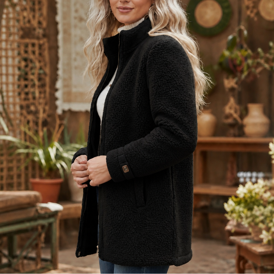 Velmora – Plush Fleece-Look Zip-Up Jacket With Stand Collar