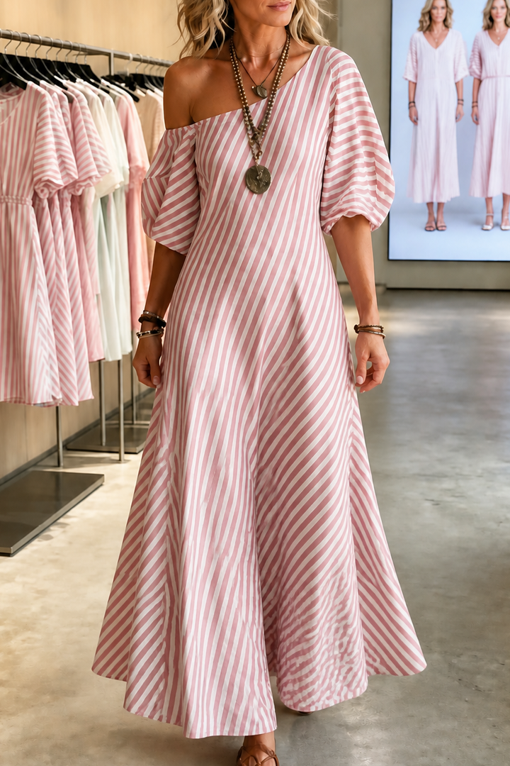 Onestrand – Striped One-Shoulder Puff Sleeve Maxi Dress