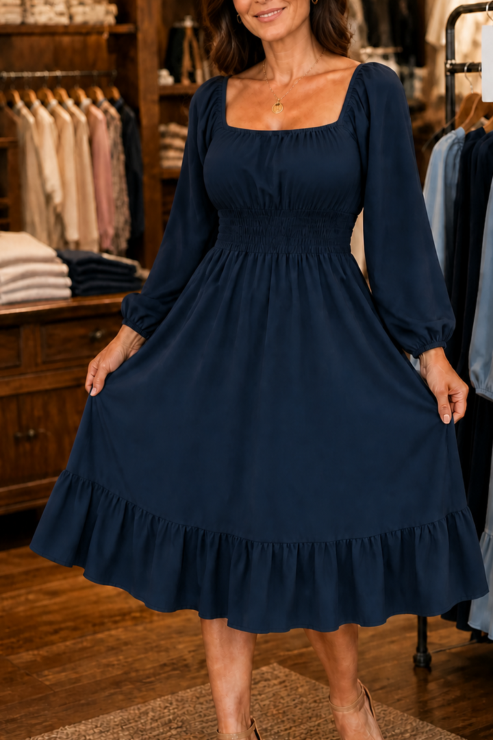 Trucewear – Smocked Square Neck Ruffled Midi Dress