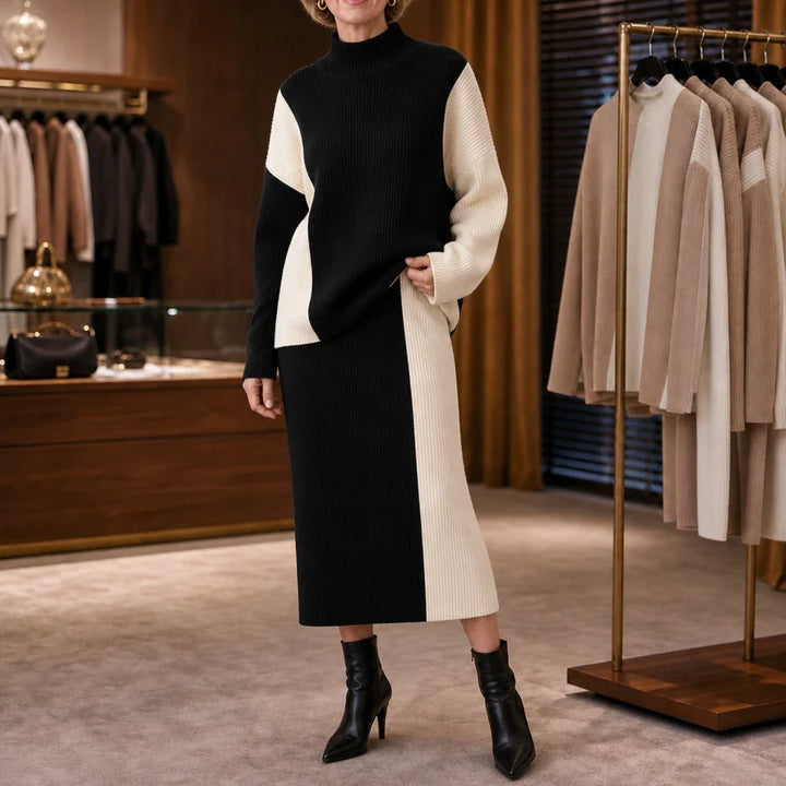 Vellora – Contrast Panel Sweater And Skirt Set