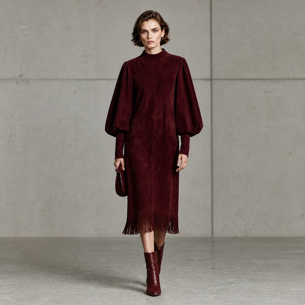 Suede Serenade – Faux Suede-Look Lantern Sleeve Fringe Midi Dress