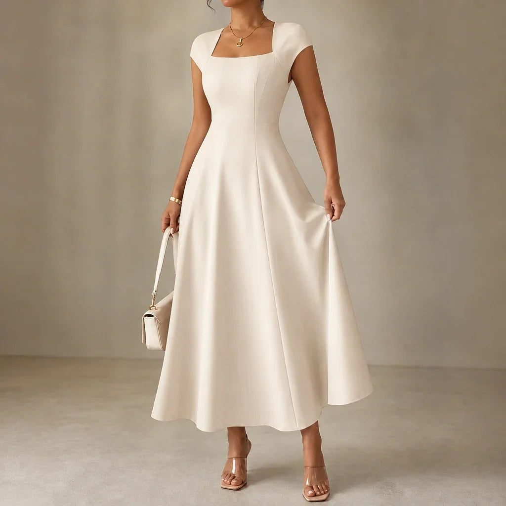 Alina – Square Neck Fitted Bodice A-Line Midi Dress