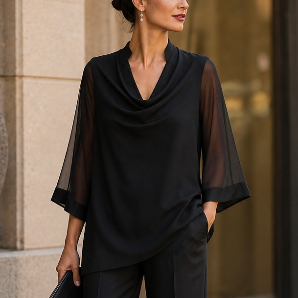 Cowlora – Cowl Neck Sheer Sleeve Asymmetrical Blouse