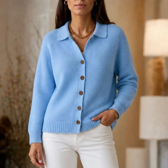 Wearbella – Contrast-Button Turn-Back Collar Knit Cardigan