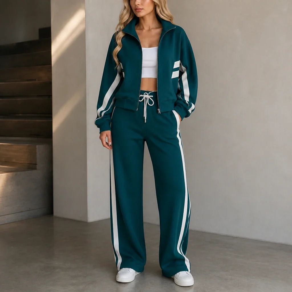 Stride & Set – Cream-Striped Sporty Two-Piece Set