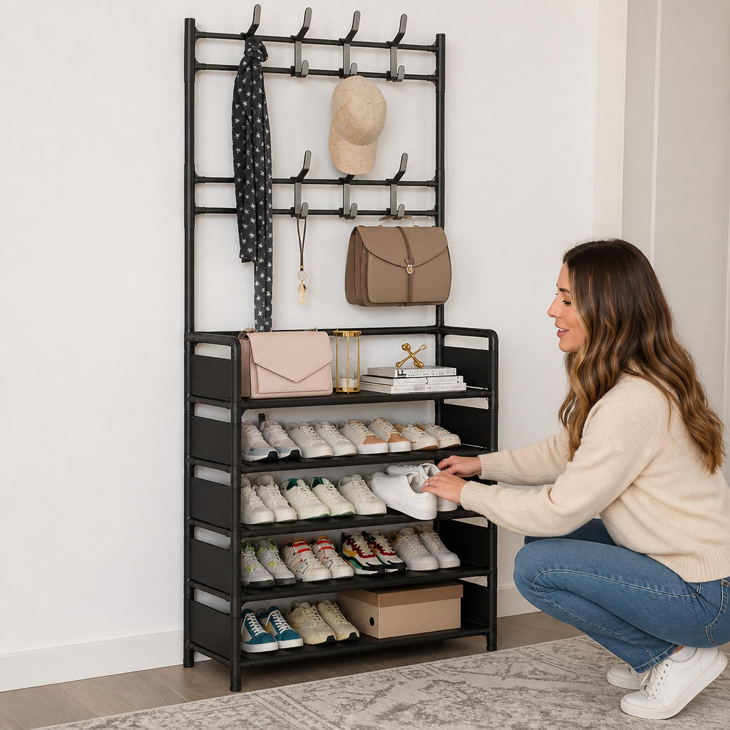 Haldrow – 3-Tier Shoe Rack With Coat Hooks