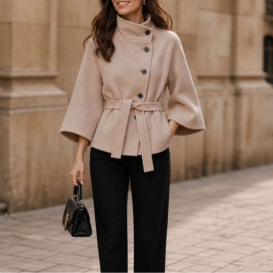 Velora – Asymmetrical Belted High-Neck Jacket