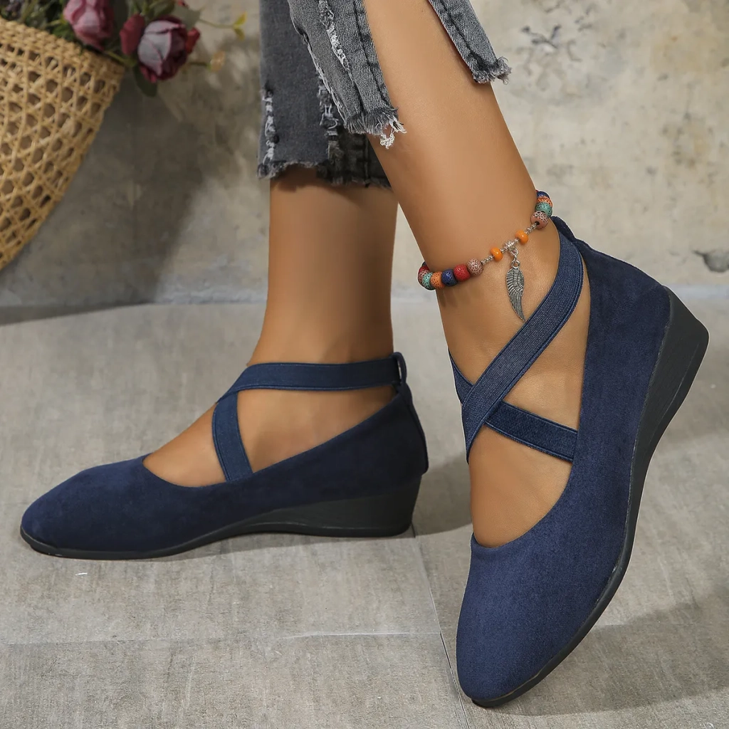 Elara Wedge – Crisscross Elastic Strap Wedge Flats