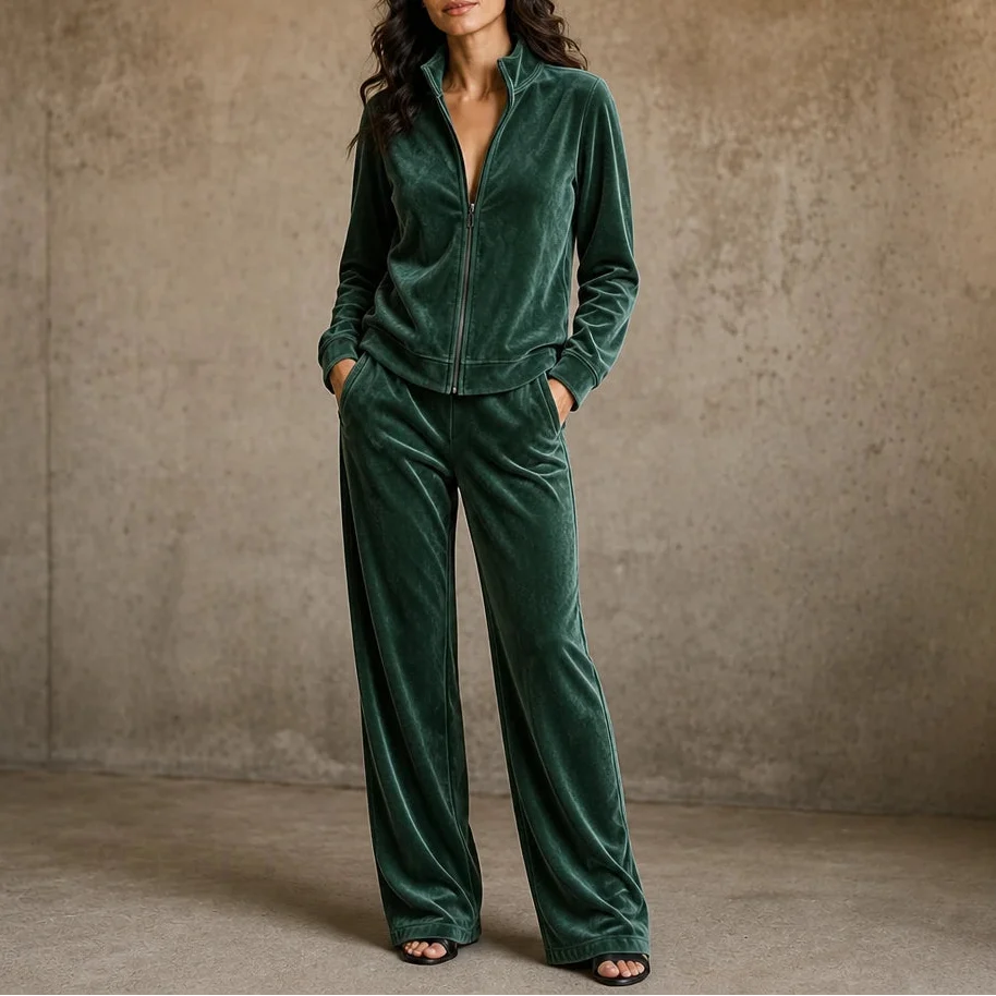 Veloura – Velvet Zip-Front Top And Wide-Leg Pants Set