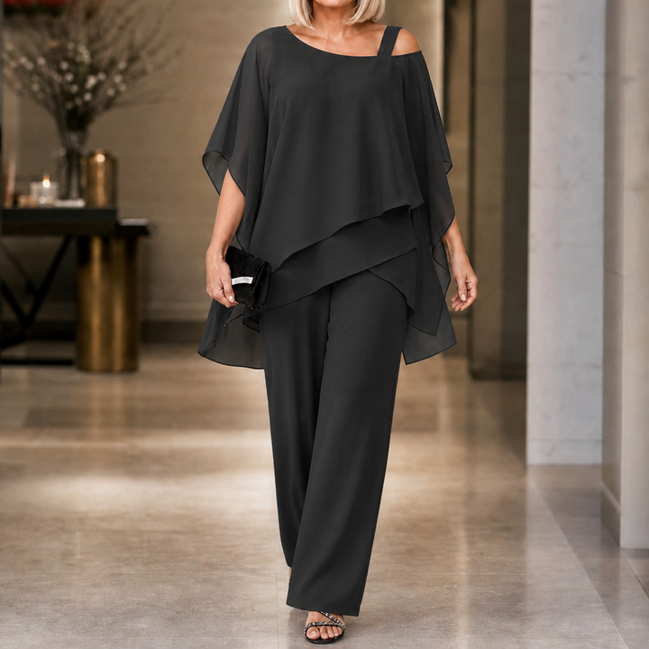 Elowen – Asymmetrical Chiffon Overlay Wide-Leg Pants Set