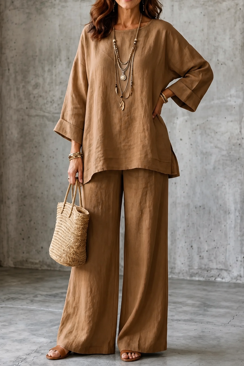 Wearlette – Linen-Look Wide-Leg Two-Piece Set