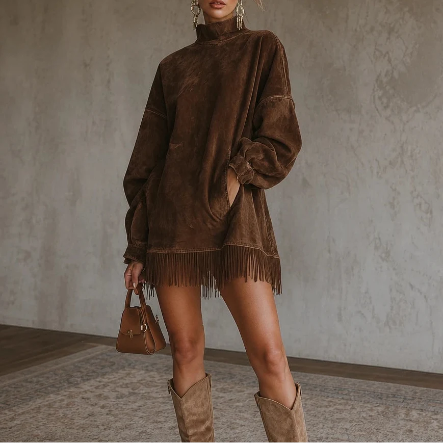 Suede Swing – Faux Suede Fringe Turtleneck Dress