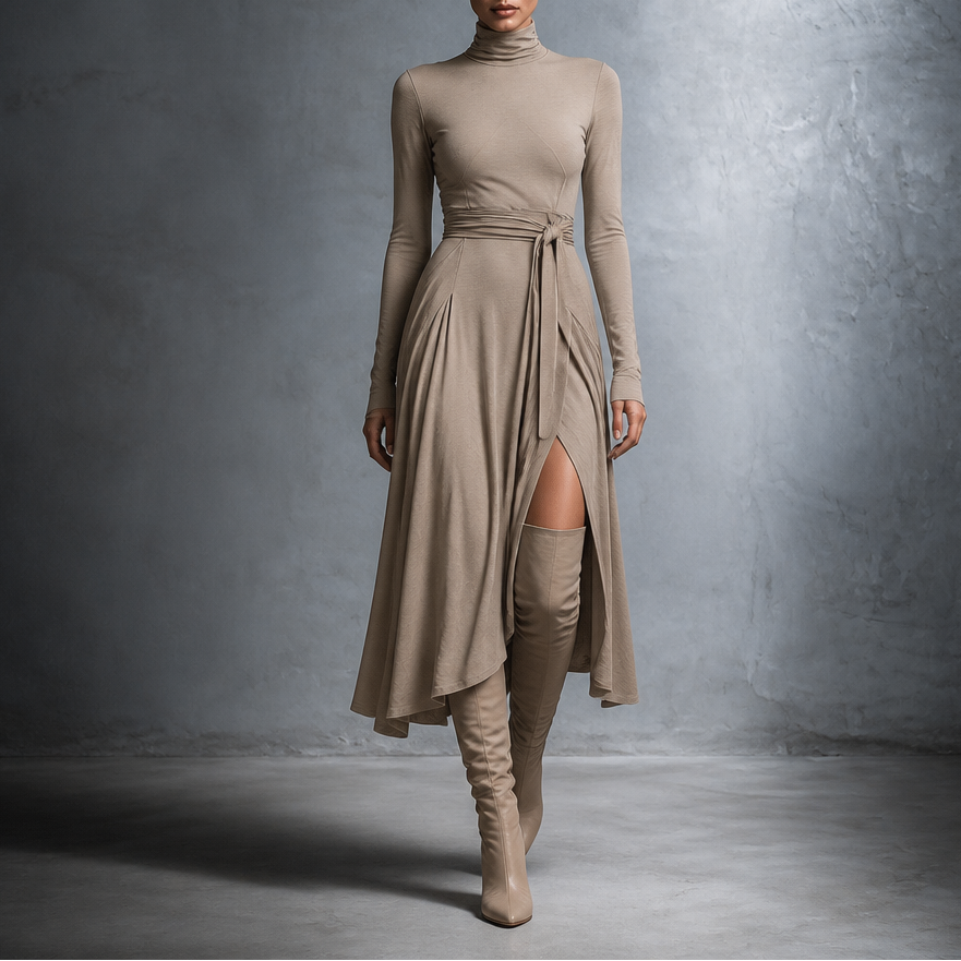 Wearbella – Turtleneck Ribbed Knit Slit Midi Dress